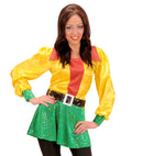 3 Color Satin & Velvet Shirt With Holographic Sequins And Black Vinyl Belt With Silver Buckle