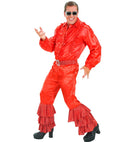 Red Satin Pants With 3 Layer Holographic Sequins And Red Velvet Beltwith Holographic Sequins & Silver Buckle