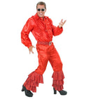 Red Satin Pants With 3 Layer Holographic Sequins And Red Velvet Beltwith Holographic Sequins & Silver Buckle