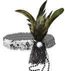 Silver Sequin Headband With Feather & Pearls