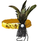 Gold Sequin Headband With Feather& Pearls