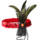Red Sequin Headband With Feather & Pearls