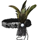 Black Sequin Headband With Feather & Pearls