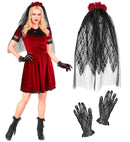 Gothic Vampire Bride  Dress, Flower Veil, Gloves 