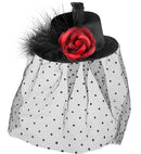 Black Mini Top Hats With Rose, Dotted Tulle & Feathers