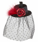 Black Mini Top Hats With Rose, Dotted Tulle Veil & Feathers