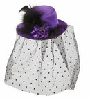 Purple Mini Top Hats With Rose, Dotted Tulle Veil & Feathers