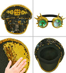 Hat Festival Spiked With Jewels & Spiked Kaleidoscopic Goggles Reversible Sequin Black/Gold 