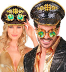 Hat Festival Spiked With Jewels & Spiked Kaleidoscopic Goggles Reversible Sequin Black/Gold 