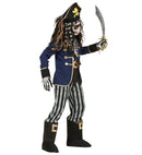 Pirate Captain Skeleton  Coat With Shirt, Belt & Sword Sash, Pants With Boot Covers, Hat With Bandana 