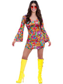 60s Rainbow Peace Hippie Costume Dress with Flared Sleeves 2