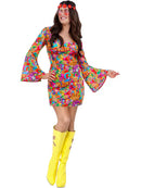 60s Rainbow Peace Hippie Costume Dress with Flared Sleeves 1