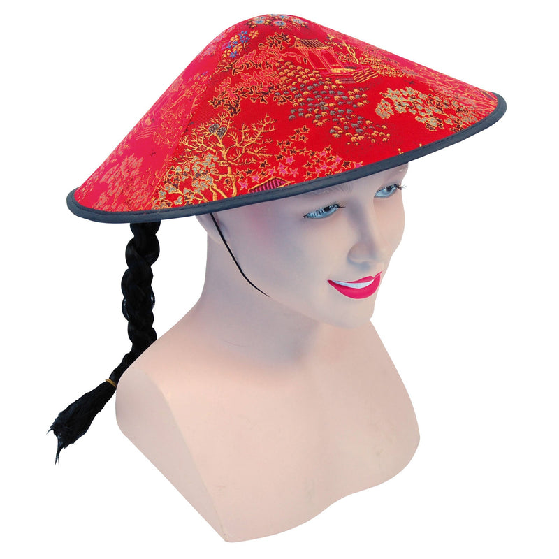 Chinese Coolie Red Fabric Hat + Plait Hats Unisex_1 BH441