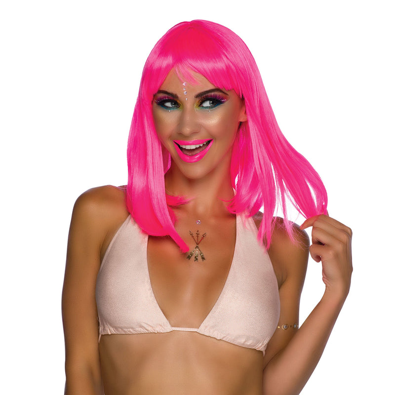Womens Chic Doll Neon Pink Wigs Female Halloween Costume_2 