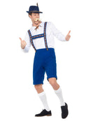 Bavarian Costume Adult Blue Lederhosen Hat with Feather White Shirt 2