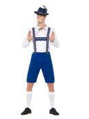 Bavarian Costume Adult Blue Lederhosen Hat with Feather White Shirt 4