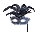 Black Mask Silver Trim + Feathers On Stick Eye Masks Unisex 1