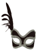 Black & Silver Velvet Eye Mask with Feather 1