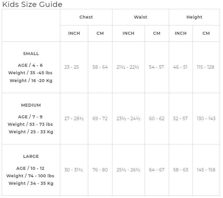 Size Chart Bunny Costume