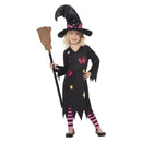 Cinder Witch Costume Kids Black Pink Dress Hat and Striped Tights 1