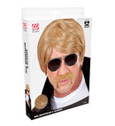 Blond Undercover Agent Wig With Moustache & Sunglasses In Box
