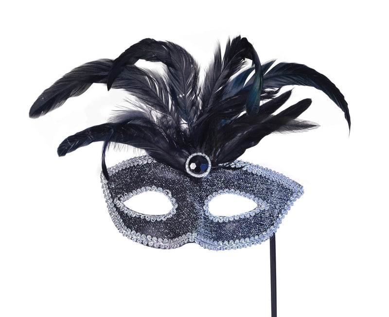 Black Mask Silver Trim + Feathers On Stick Eye Masks Unisex_1 EM063