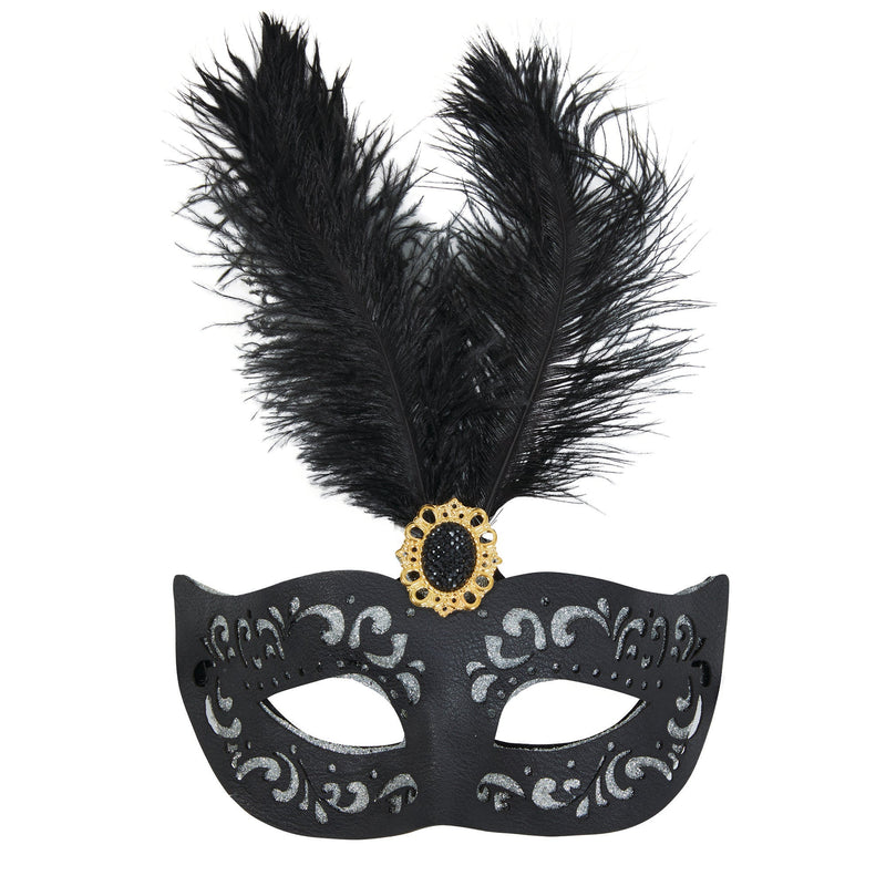 Black Eyemask With Tall Feather + Stone_1 EM129