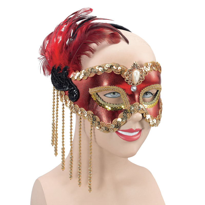 Womens Red Satin Mask & Feathers Eye Masks Female Halloween Costume_1 EM202