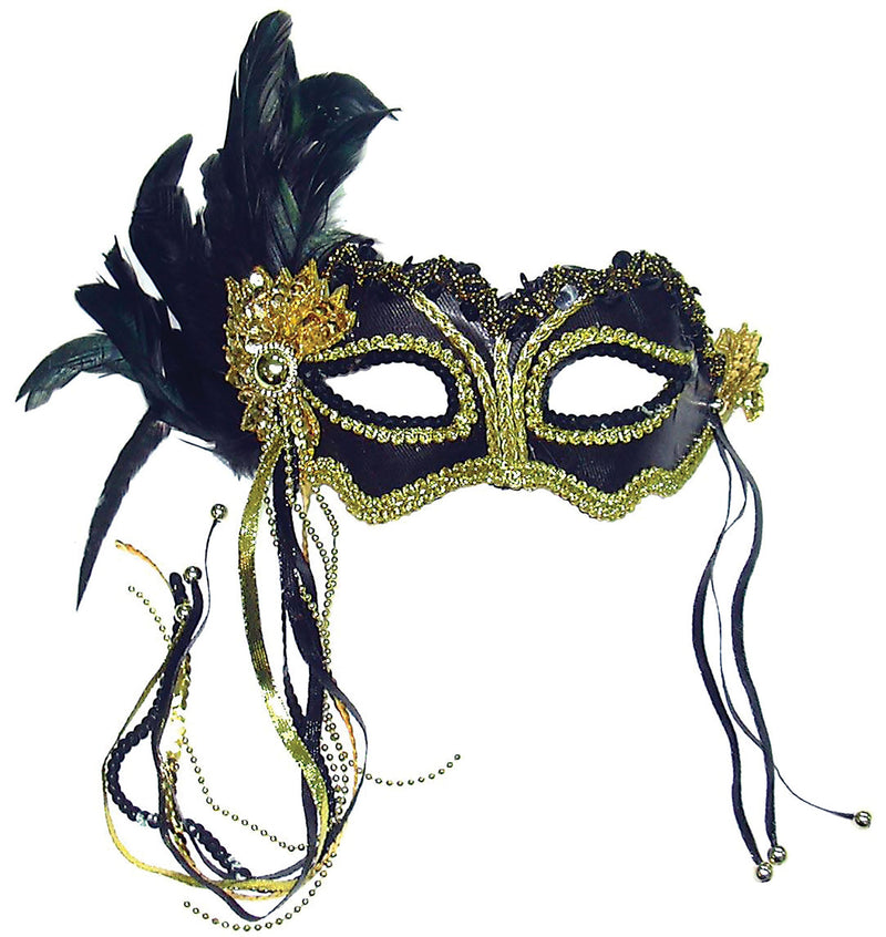 Womens Black Metallic + Side Feather Mask Eye Masks Female Halloween Costume_1 EM323