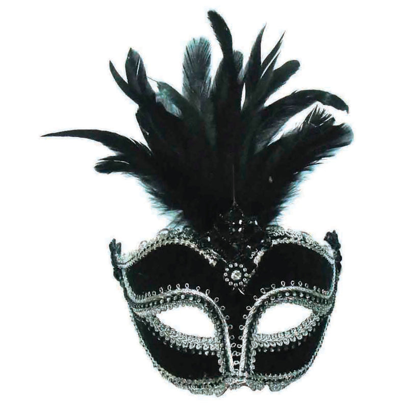 Womens Black Velvet Mask Tall Feather Eye Masks Female Halloween Costume_1 EM392