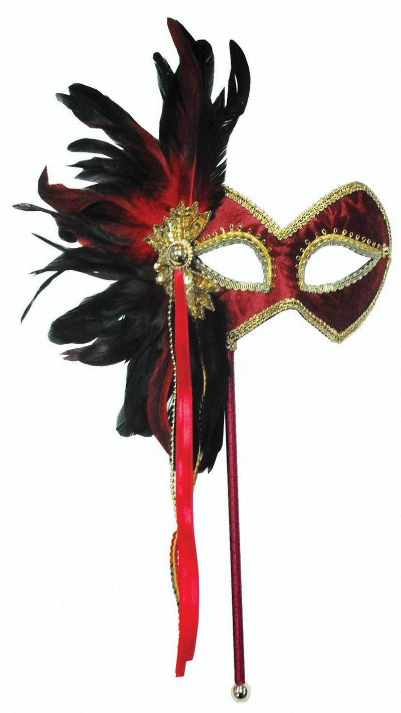 Womens Red Feather On Stick Eye Masks Female Halloween Costume_1 EM430