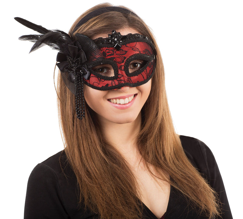 Womens Red Side Feather Mask On Headband Eye Masks Female Halloween Costume_1 EM447