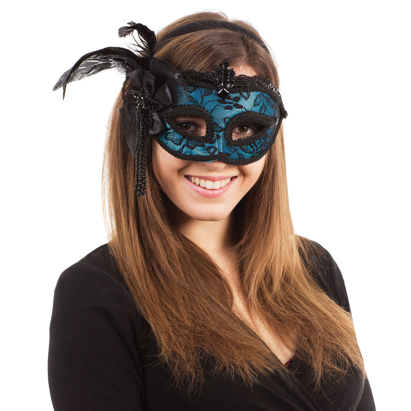 Womens Blue Side Feather Mask On Headband Eye Masks Female Halloween Costume_1 EM448