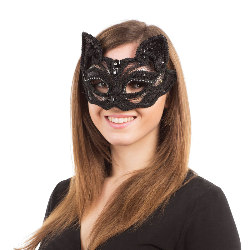 Womens Black Cat Sequin Glass Frame Eye Masks Female Halloween Costume_1 EM710