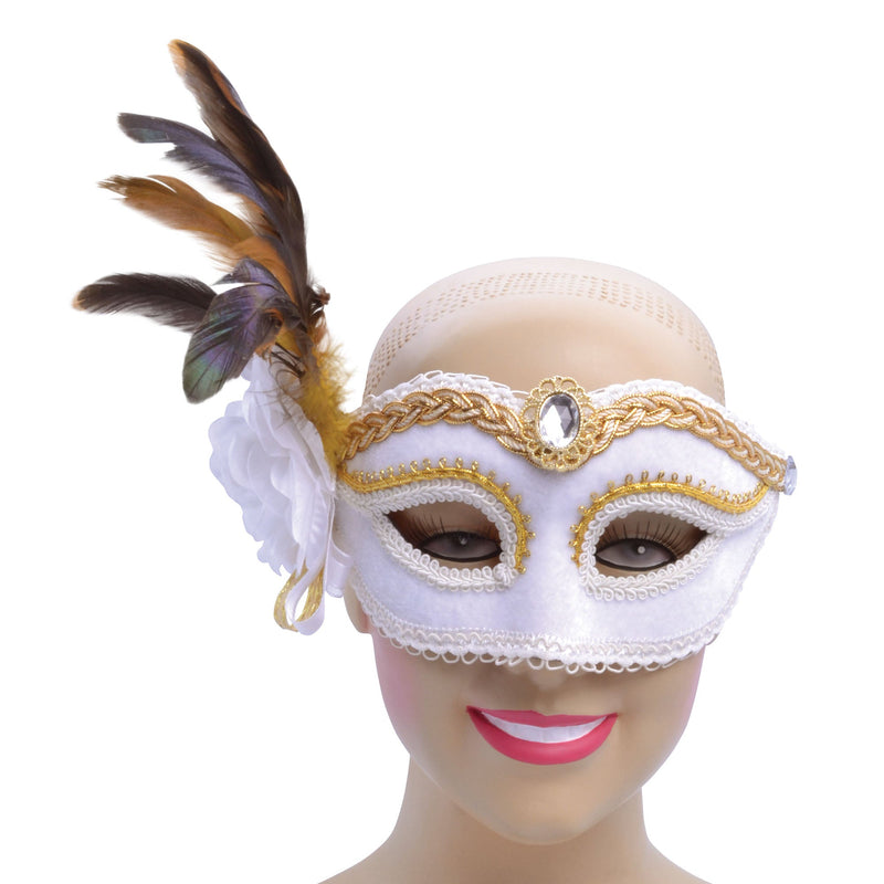 Womens White + Side Feather Flower Gf Eye Masks Female Halloween Costume_1 EM754