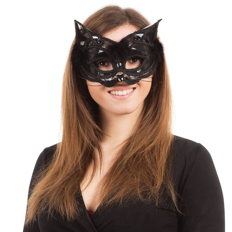 Cat + Black Marabou Feather Trim G F Eye Masks Unisex_1 EM765