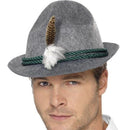 German Trenker Hat Grey with Feather Green Braiding Adult Costume Accessory 1