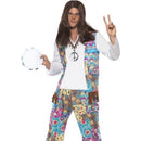 Groovy Hippie Costume Adult Blue Floral Top with Attached Waistcoat Trousers Headband 1