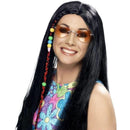 60's Hippy Party Wig Adult Black Long Coloured Beads 1