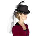 Deluxe Ladies Victorian Top Hat Elastic Black Inner Rim Attached Veil Feathers and Brooch 1