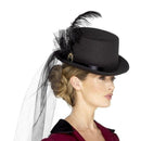 Deluxe Ladies Victorian Top Hat Elastic Black Inner Rim Attached Veil Feathers and Brooch 2