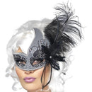 Masquerade Dark Angel Eyemask Adult Silver Black Tie Sides Feathers 1