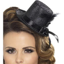 Mini Tophat Black with Black Ribbon and Feather Adult Costume Accessory 2