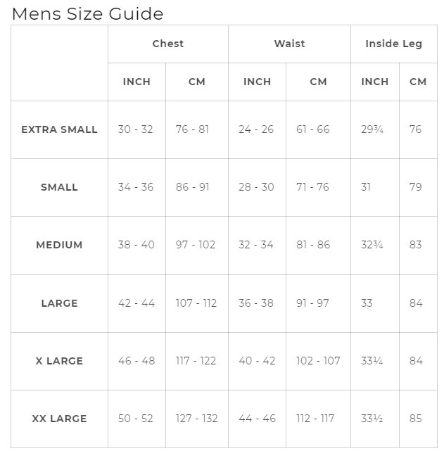 Size Chart Modern Trickster Costume