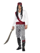 Pirate Man Costume Adult White Black Red Shirt Trousers Headpiece Belt 1