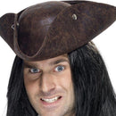 Pirate Tricorn Hat Brown Distressed Leather Look Adult Costume Accessory 2