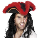 Pirate Tricorn Hat Black Gold Braid Marabou Red Feather Adult Costume Accessory 1