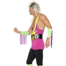 Retro Wrestler Costume Adult Multi Coloured Bodysuit Belt Arm Leg Cuffs 3