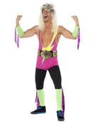 Retro Wrestler Costume Adult Multi Coloured Bodysuit Belt Arm Leg Cuffs 4