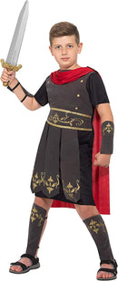 Roman Soldier Costume Kids Black Tunic Attached Red Cape Black Arm and Leg Cuffs 4